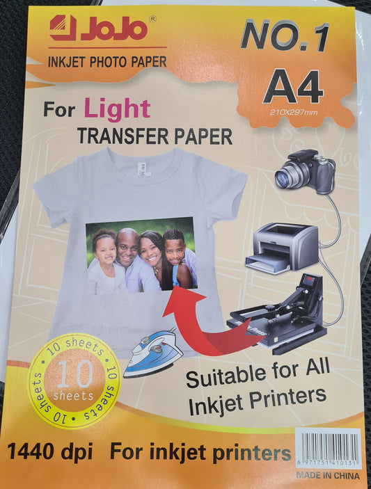 JOJO LIGHT IRON-ON TRANSFER PAPER 10 SHEET A4 SIZE