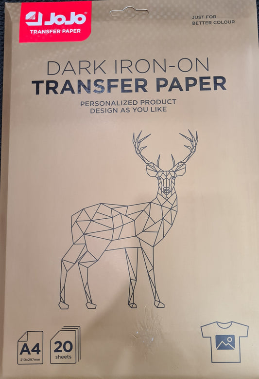 JOJO DARK IRON-ON TRANSFER PAPER 20 SHEET A4 SIZE
