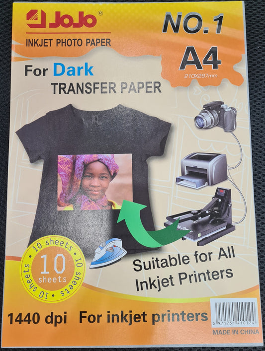 JOJO DARK IRON-ON TRANSFER PAPER 10 SHEET A4 SIZE