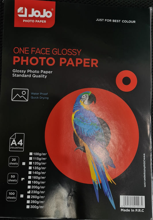 JOJO A4 SIZE 230GSM 50 SHEET GLOSSY PHOTOPAPER